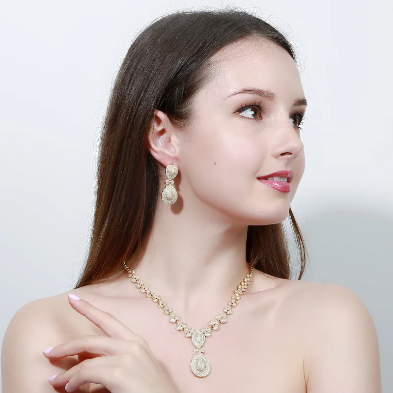 Newest Deluxe 18k gold plated  AAA zircon indian bridal jewelry set