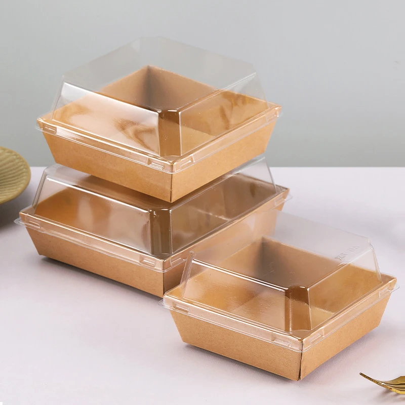Disposable Swiss Roll Cake Containers Sandwich Boxes Bakery Food Packaging Kraft Paper Box With Clear Lids