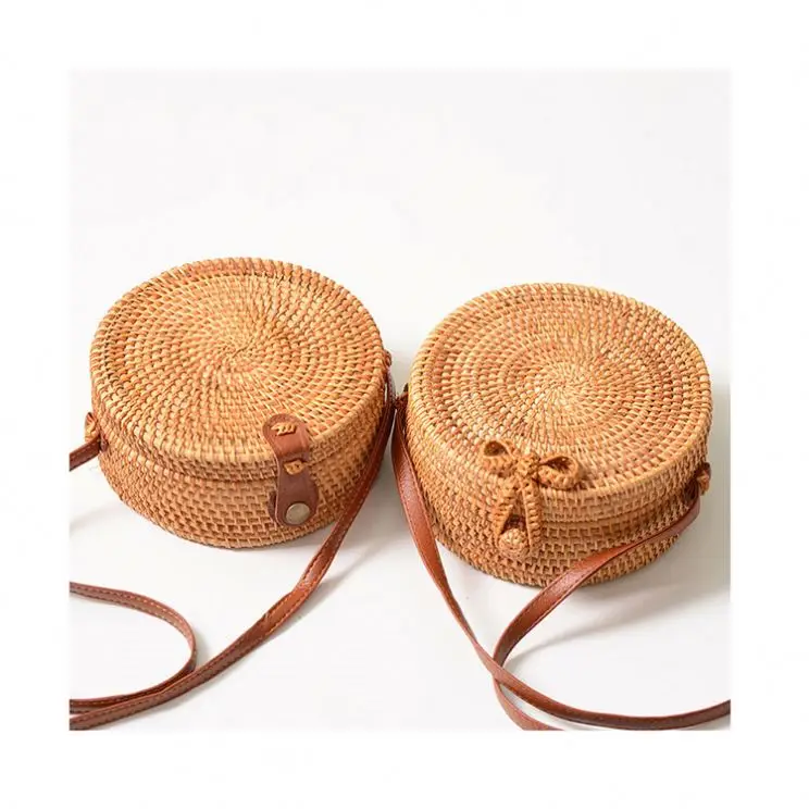 Circular Casual Rattan Bag 2022 Ins Summer Handmade Bali Beach Shoulder Bow Bag Woven Bohemian Handbag Sac A Main Crossbody