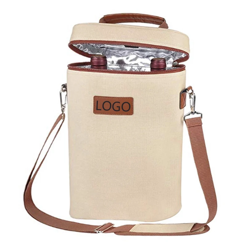 Custom 2 Bottles Christmas Insulated Carrier Leather Tote Canvas Travel Padded Sublimation Portable Reusable Ice Wine Cooler Bag