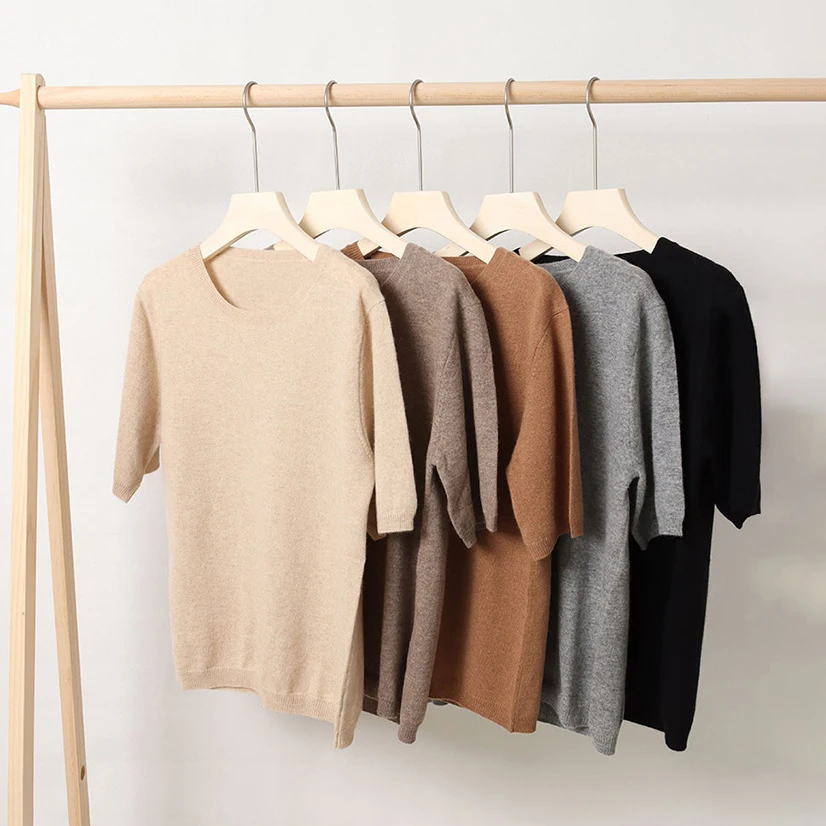 custom solid color crew neck inner mongolian cashmere sweater half sleeve plain knitted women cashmere pullover sweater