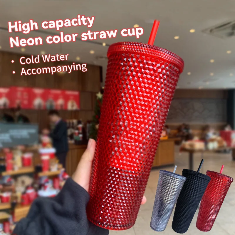 Drinkware 710ml Coffee Cup Summer Holiday Cold Water Mug Tumbler With Straw Double Layer Plastic Durian Diamond Radiant Goddess