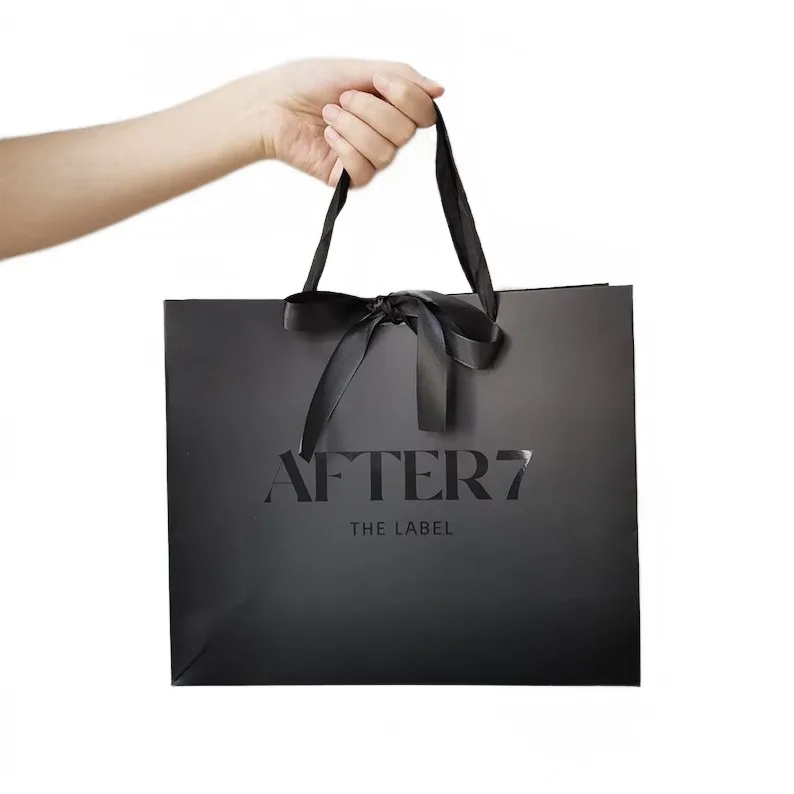 custom logo Personalized gift paper Bag with satin ribbon handles for your business, presentation, event, party