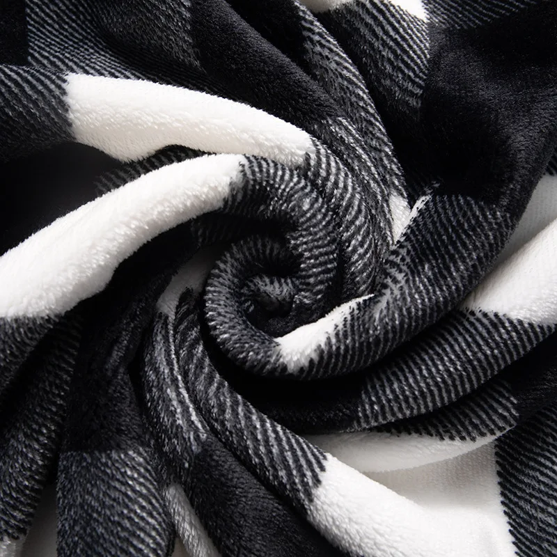 thick suitable Fringed balled checkered printed flannel Christmas blanket for four seasons sofa decoration