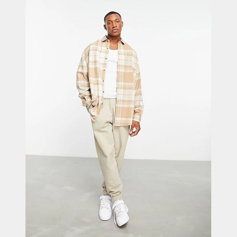 Oversized fit viscose blend drop shoulders shirt spread collar short sleeves button-up front fashion plaid shirt for men