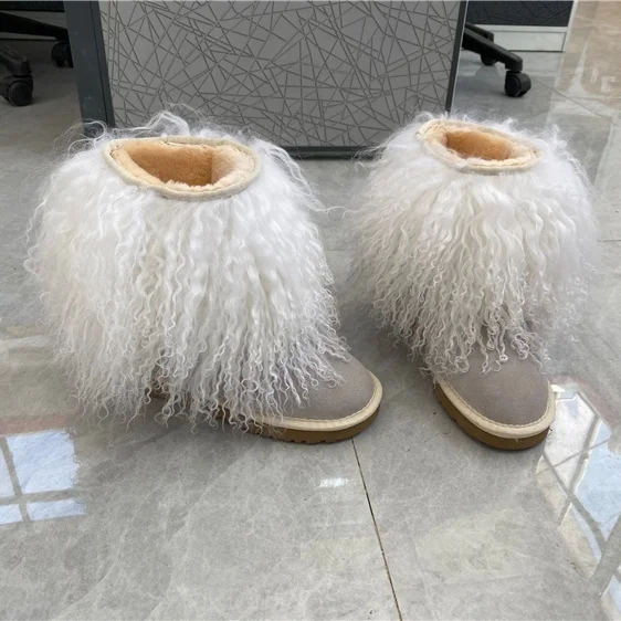 New Design women long Fur Snow Boots fluffy Mongolian Sheep Fur Boots