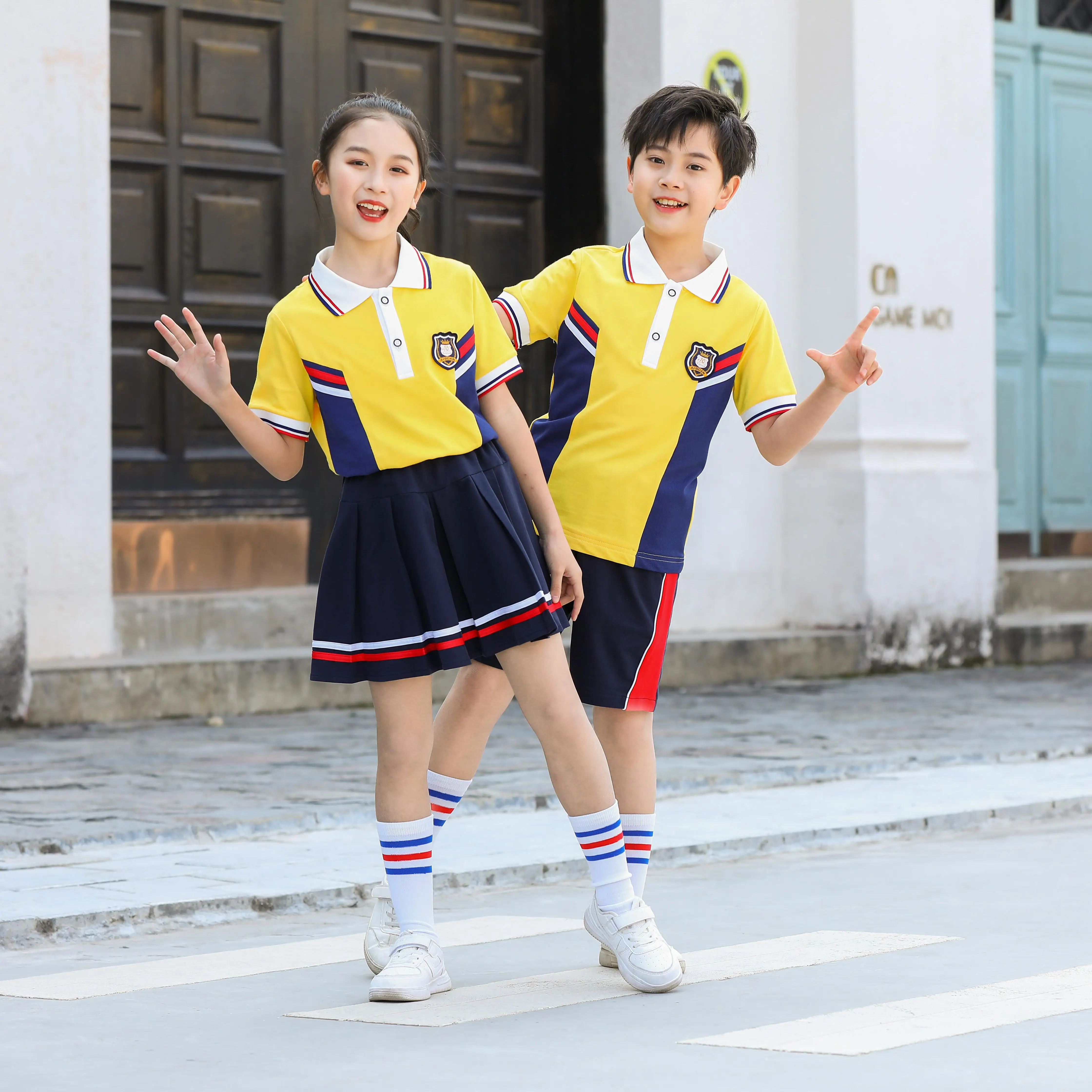 Custom yellow t polo shirt design for girls with school logo kids primary sport uniform manufacturers school uniform design