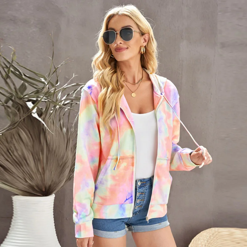 Wholesale new style tie-dye  hooded clothes casual colorful fashion formfitting  hoodie zipper cardigan women clothes