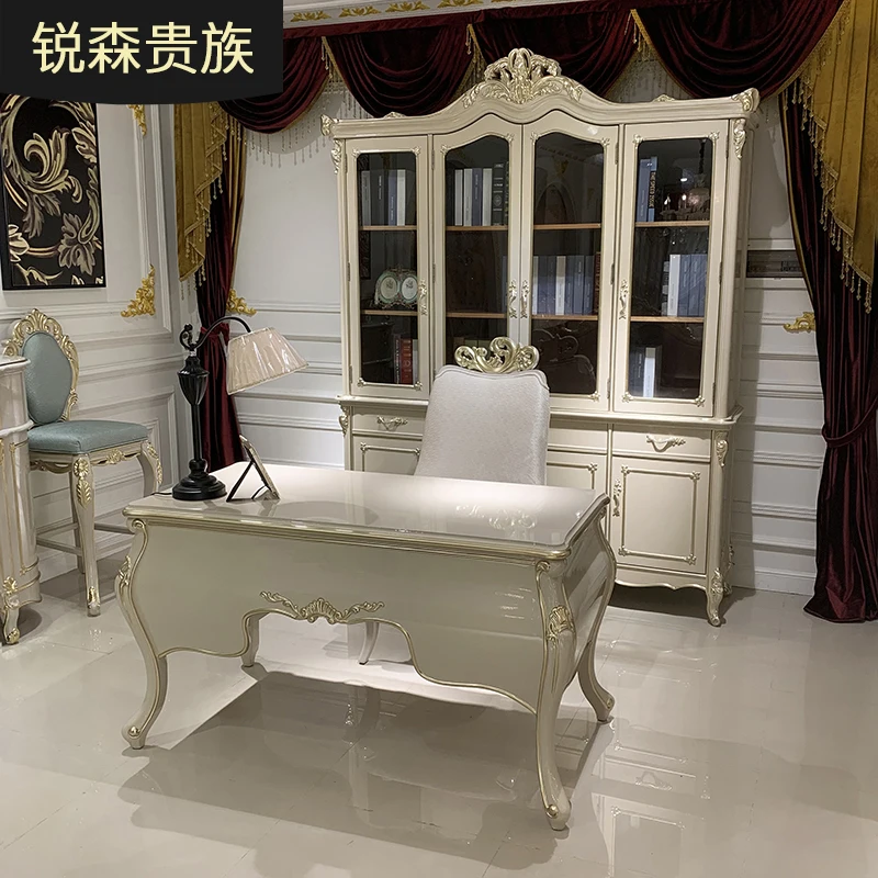 MO LAN European-style desk home computer desk gray storage study solid wood carved neo-classical desk