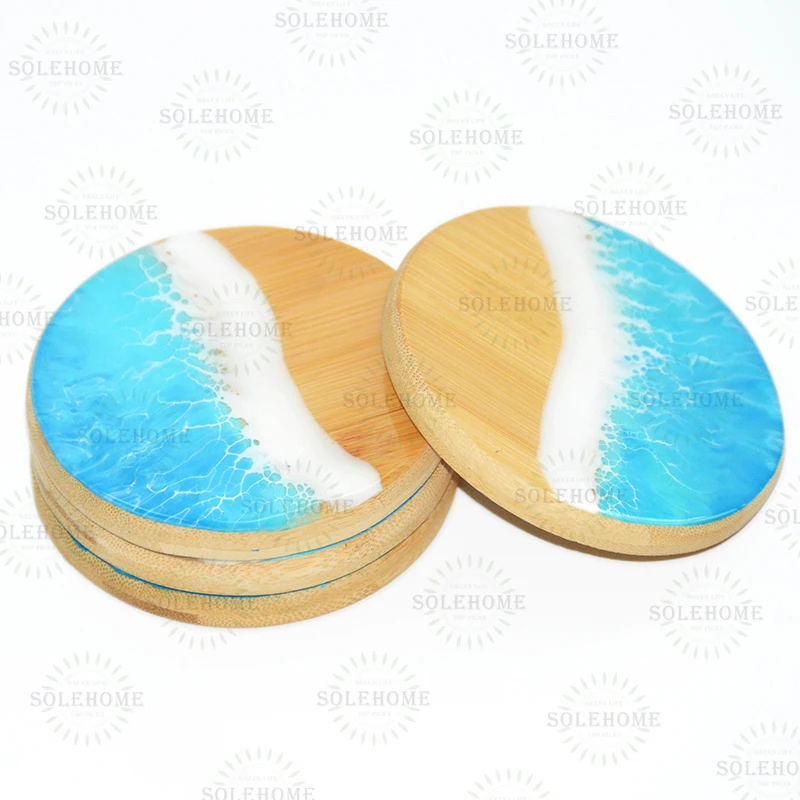 Exquisite Engraved Ocean Style Resin Bamboo Wood Coasters for Beach Wedding Favors Personalized Gifts for Guests