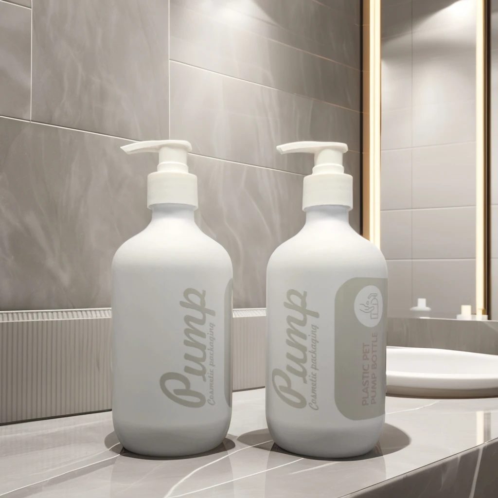 Cosmetic PET Plastic 250ml 300ml Bottle with Silk Screen Printing Stainless Steel 100ml Shampoo Bottle Set Pump Sealing Type