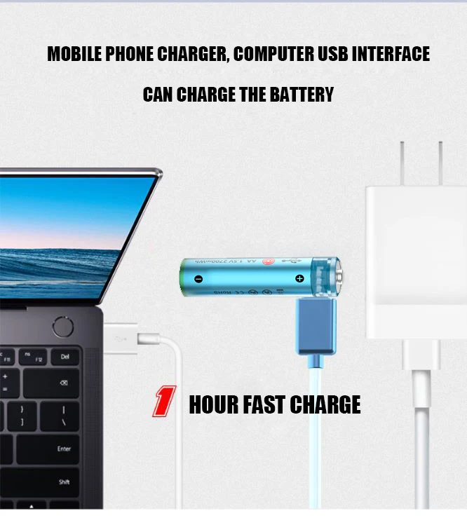 Новые тренды AA Type C батарейки литий-ионный 1 5 В 2500mWh аккумулятор с Usb-кабелем для зарядки