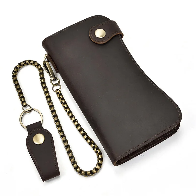 Guangzhou factory handmade vintage crazy horse leather men wallets with chains mens wallets slim genuine leather