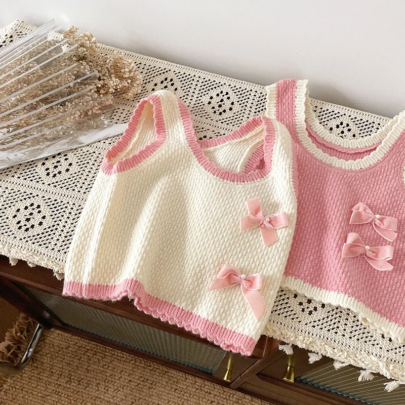 Autumn Summer fashion Baby Girl knitting vest casual sleeveless round collar knitted pullovers casual embroidery ladies knit top