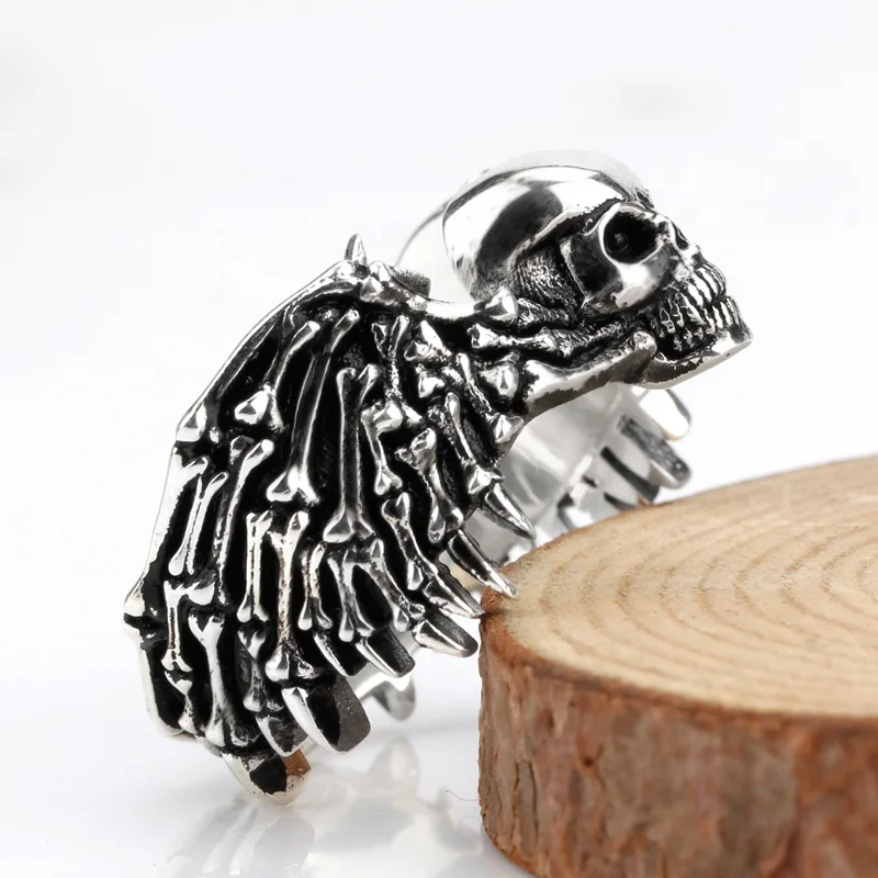 925 Sterling Silver Skull Men Ring Big Boss Terminator Black Angel Devil Evil Eyes Biker Punk Ring for Men Fashion Jewelry