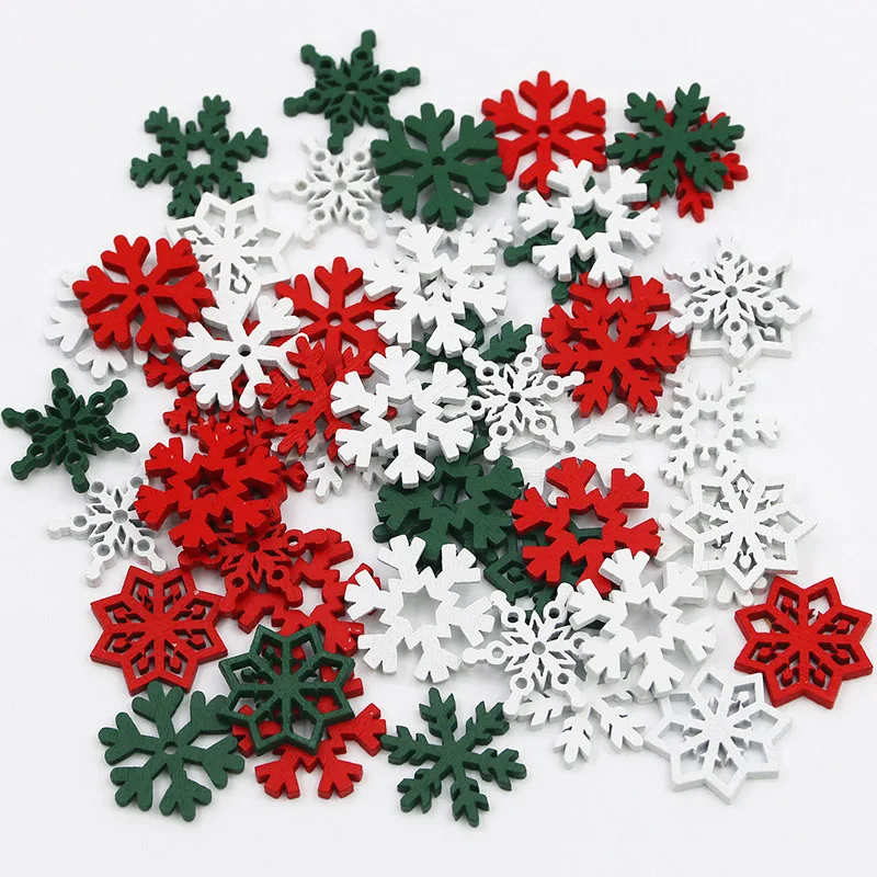 (50 Pcs/pack) Christmas Snowflakes Multi Colored Wood Flakes Hanging Decorations Wooden Crafts Xmas Tree Hanging Handmade DIY