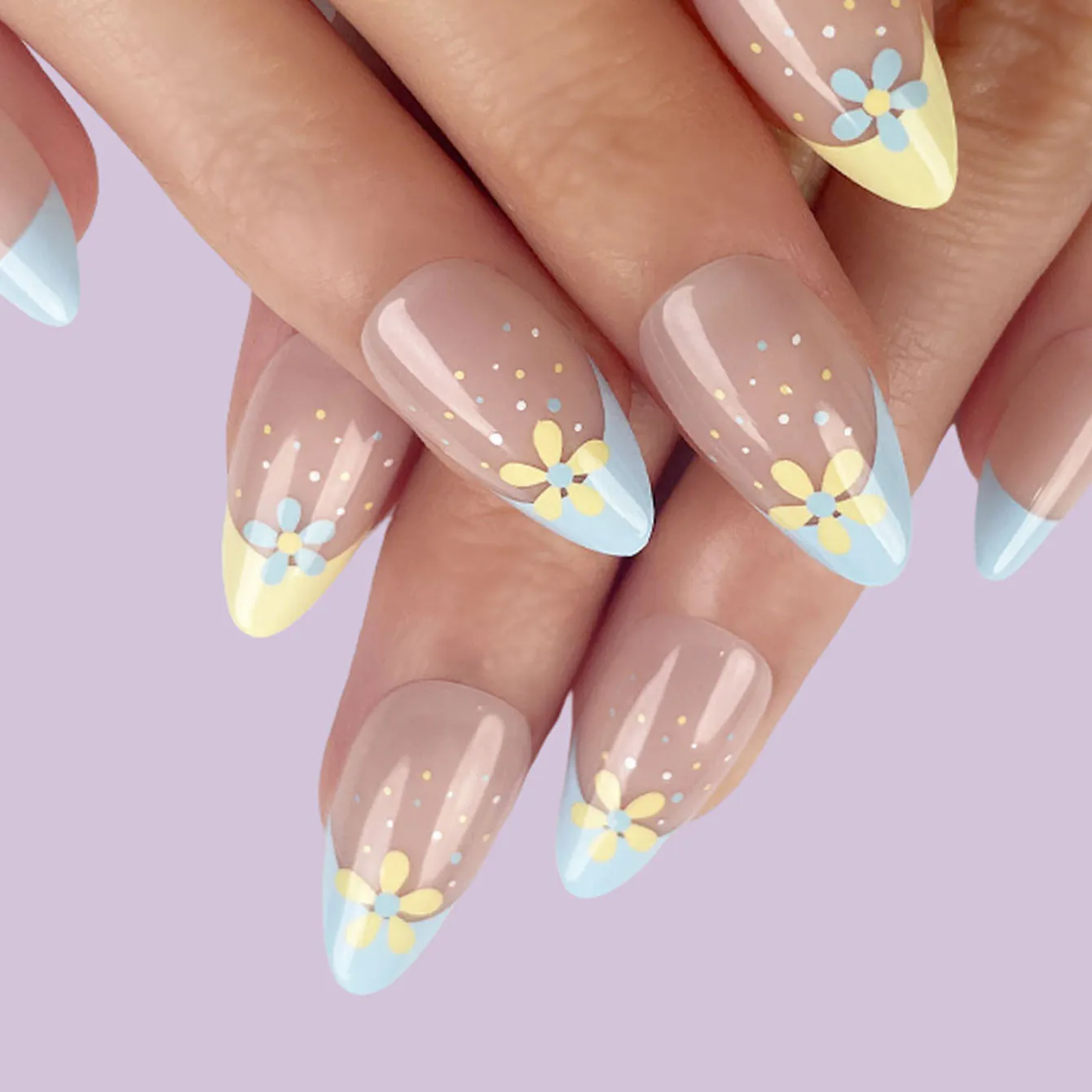 High Quality Fake Nails Supplier Yellow & Blue Flower French Tip Press On Nails Stiletto Almond Artificial Fingernails For Girls