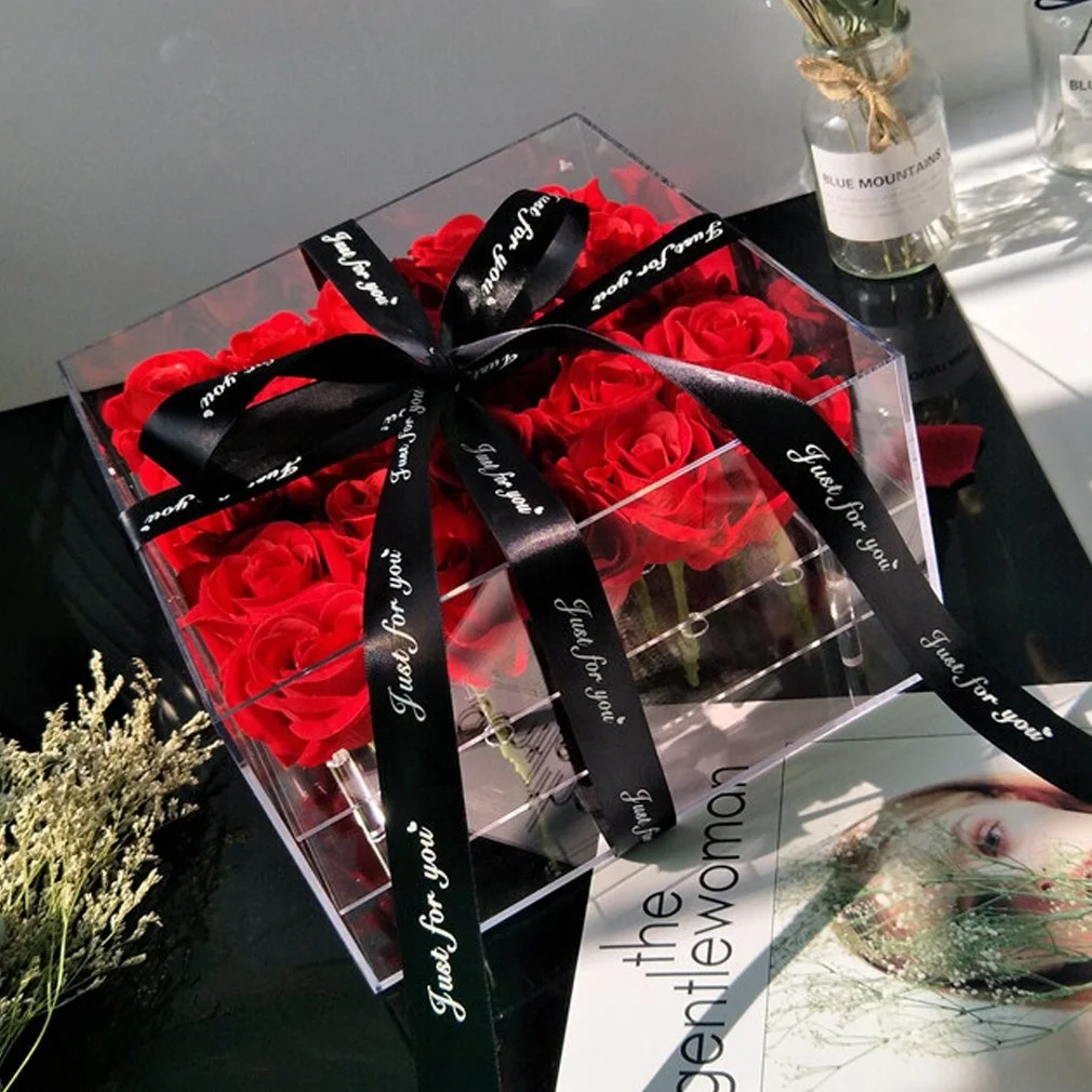 Wholesale Acrylic Square Clear Flower Box Preserved Rose Display Bridal Bouquet Large Gift Acrylic Preserved Fresh Roses Case