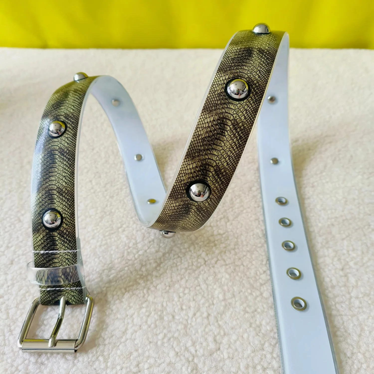 Fashion Transparent Women Belt for Jeans & Dresses Snake Pattern Digital Printing With Studs Classic Metal Buckle