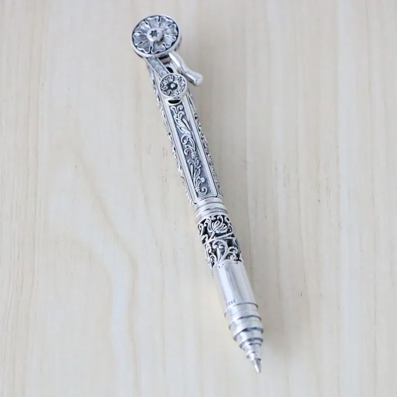 S925 silver Tang grass flower pattern ball water pen automatic retractable stationery signature office business