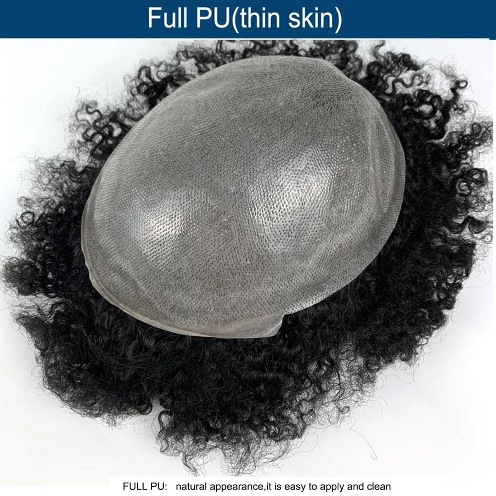 Poly Thin Skin PU Afro Wave Human Hair Men Replacement System French Lace Afro Kinky Curl Men Hair Units Toupee for Black Men