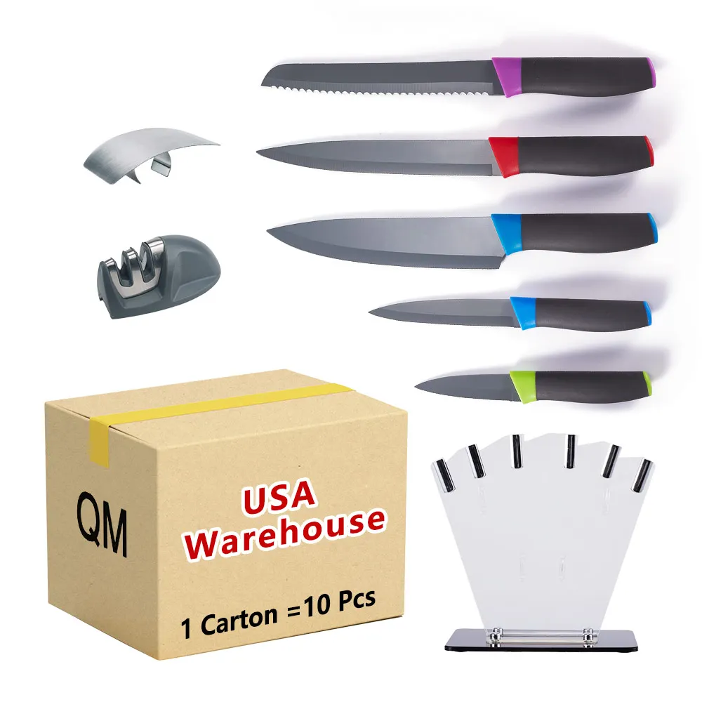 Wholesale US Warehouse Free Shipping Stainless Steel 6 Pcs Kitchen Knives Set With Knife Holder And Sharpener set of knives