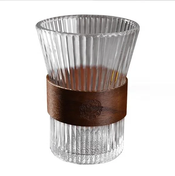 Wholesale Embossed Vertical Tea Coffee Glass cups mug  borosilicate glass cup with leather sleeve