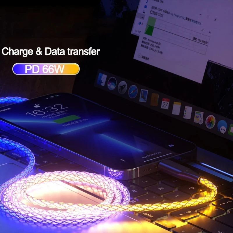 3 in 1 Fast Charging Type C Cable 66W 6A Micro USB RGB Colorful Streamer Glowing Line 8Pin Charger Cable For iPhone For Samsung