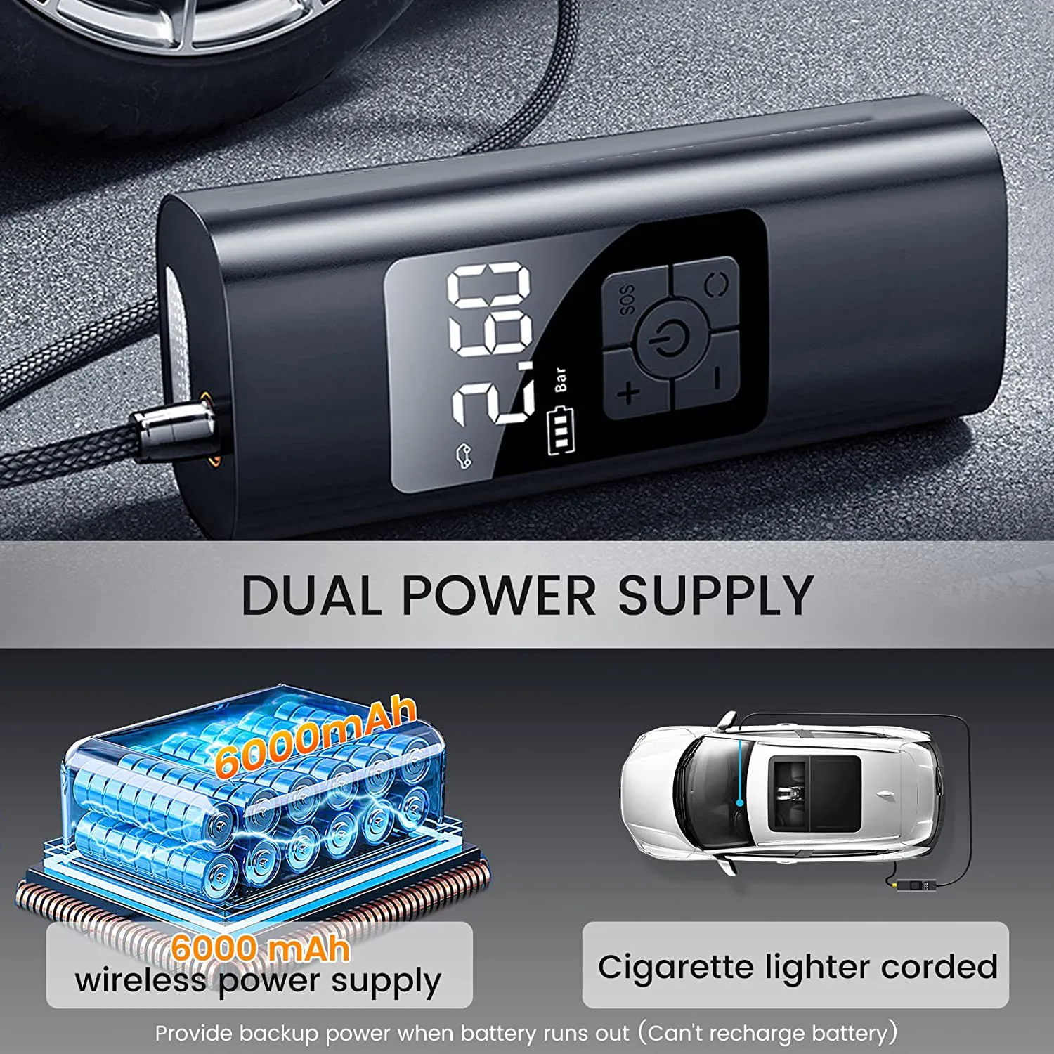 2020 NEW TECH 6000mah Electric Emergency Power Bank Pump Tire Inflator Portable Mini Car Air-Compressors for Sale