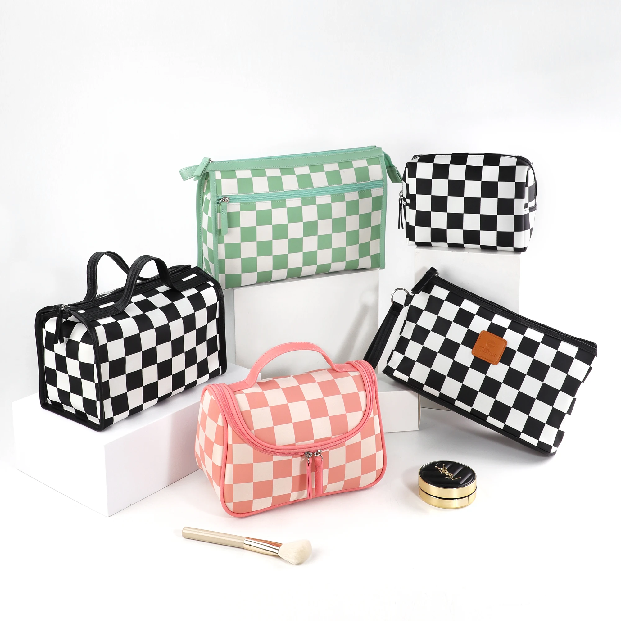 Custom Professional Makeup Travel Organizer Eco Friendly Ladies beauty Checkered Nylon Cosmetic Bag