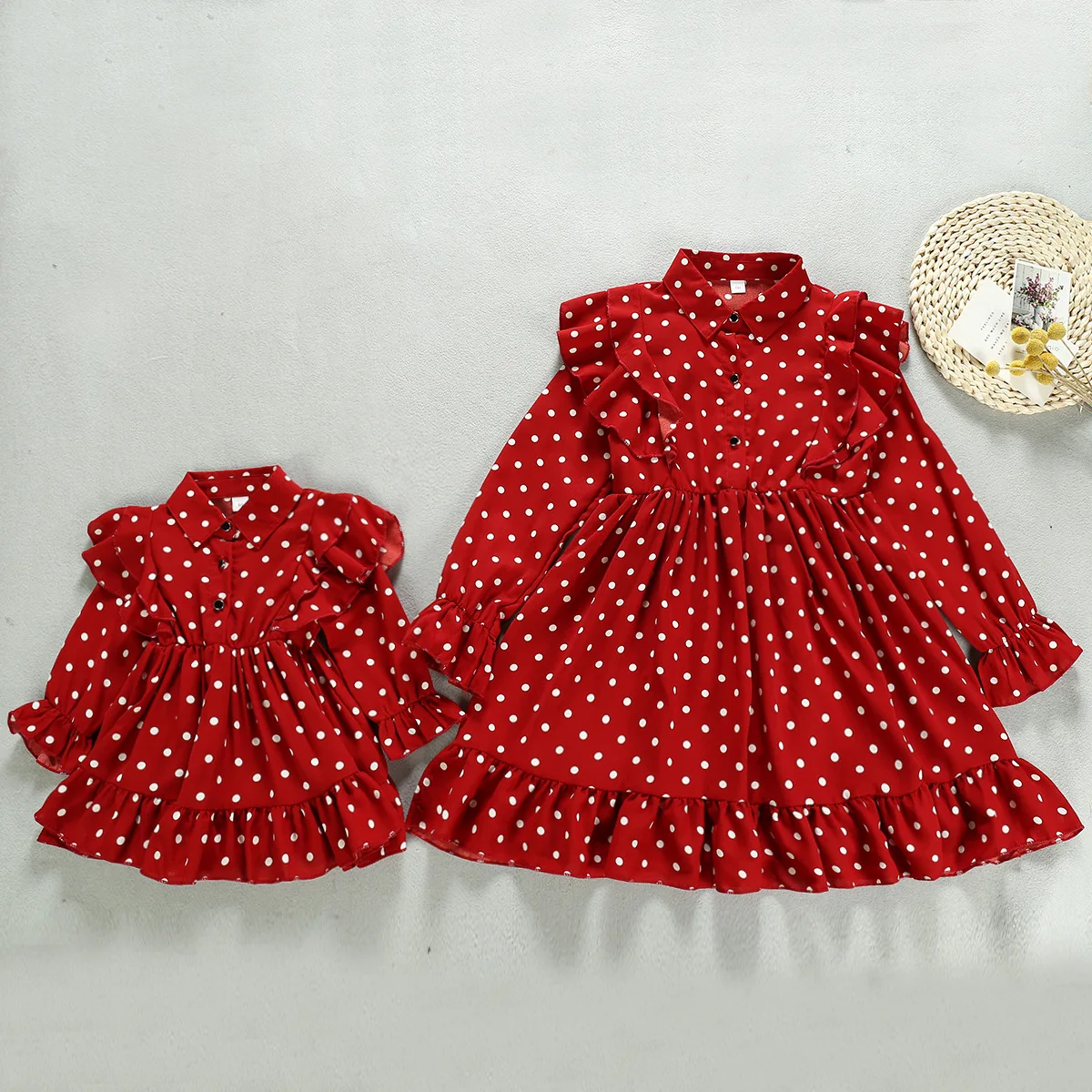 CLW 285 Autumn new girls lapel ruffled long-sleeved polka dot dress kids girls cotton dresses