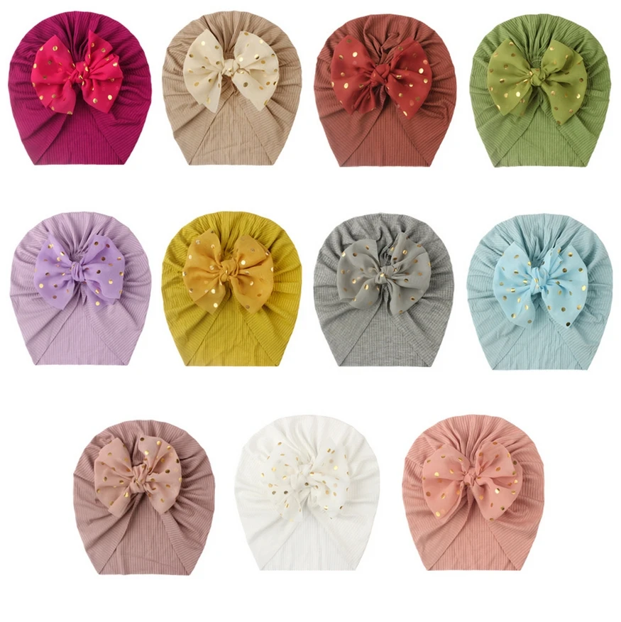 Wholesale Baby Ribbed Turban Big Shiny Bowknot Baby Headwraps Newborn Infant Chiffon Dot Knitted Beanies Toddler Kids Headwear