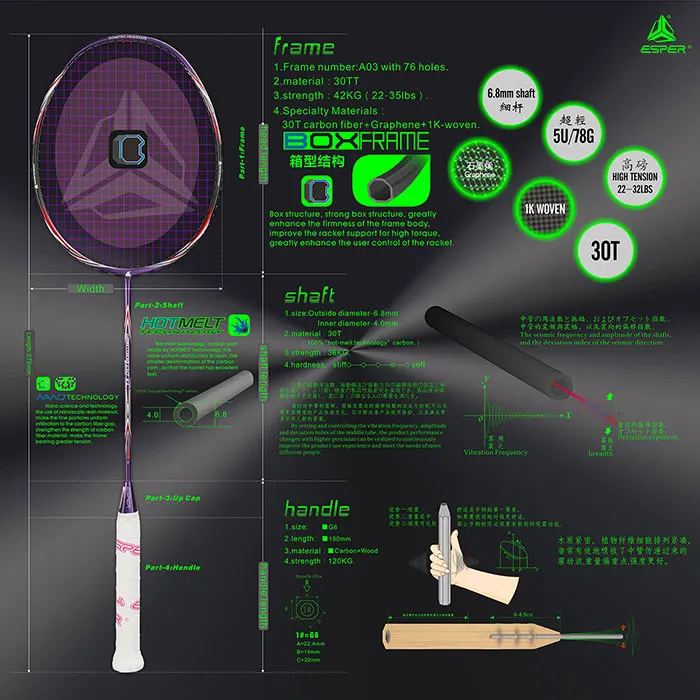 Factory directly new arrived Custom Hot Frame 5U/78g 6.8mm shaft 32LBS Graphite carbon badminton rackets