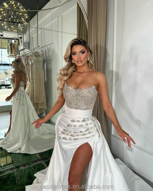 Stylish Sleeveless Off the Shoulder Beading Slit Evening Dresses Crystals Mermaid Prom Dresses With Detachable Train For Ladies