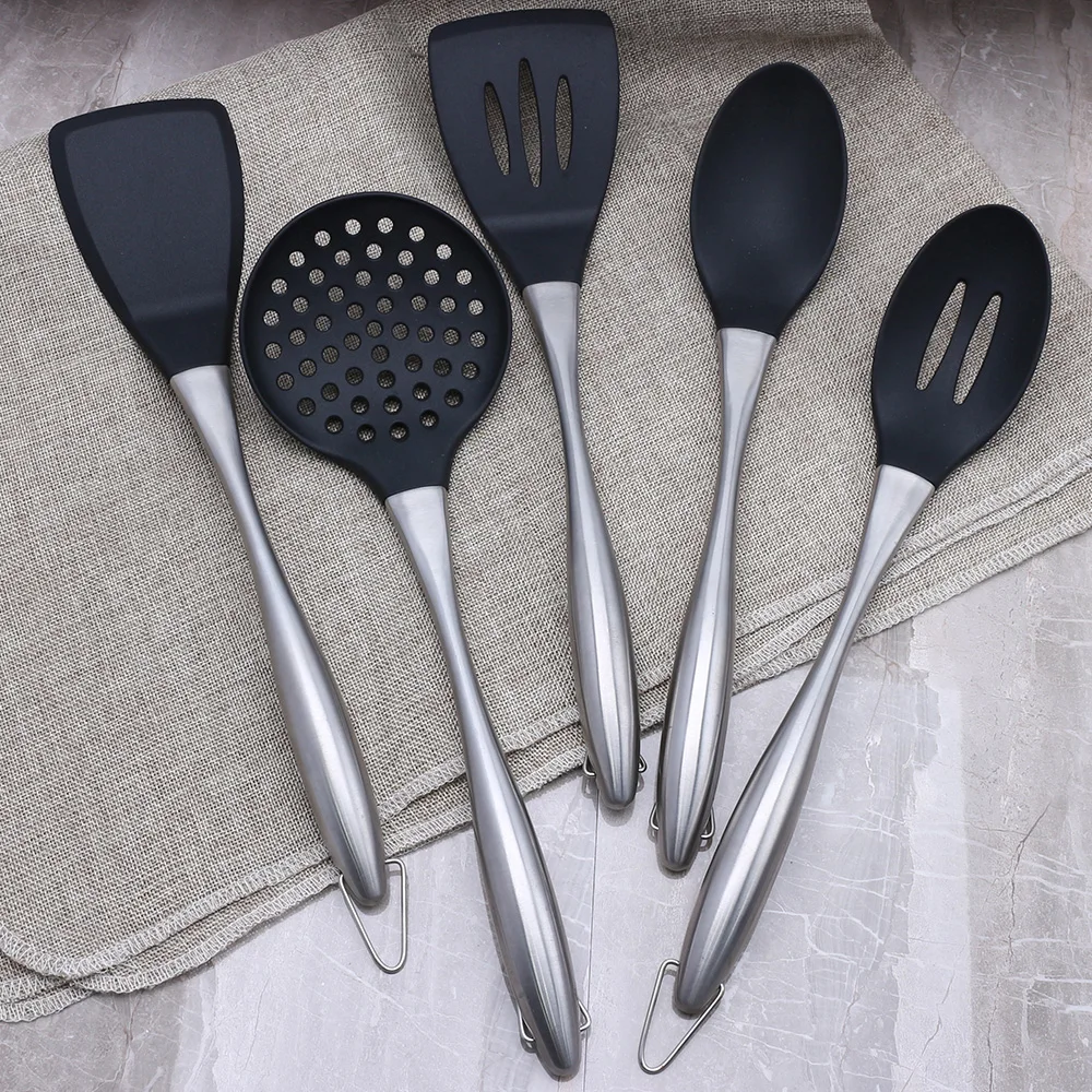 
Modern Style Durable Odorless Brushed Matte the Silicone Head Kitchenware, 5pcs Hollow Long Handle Kitchen Tools Kitchenware 