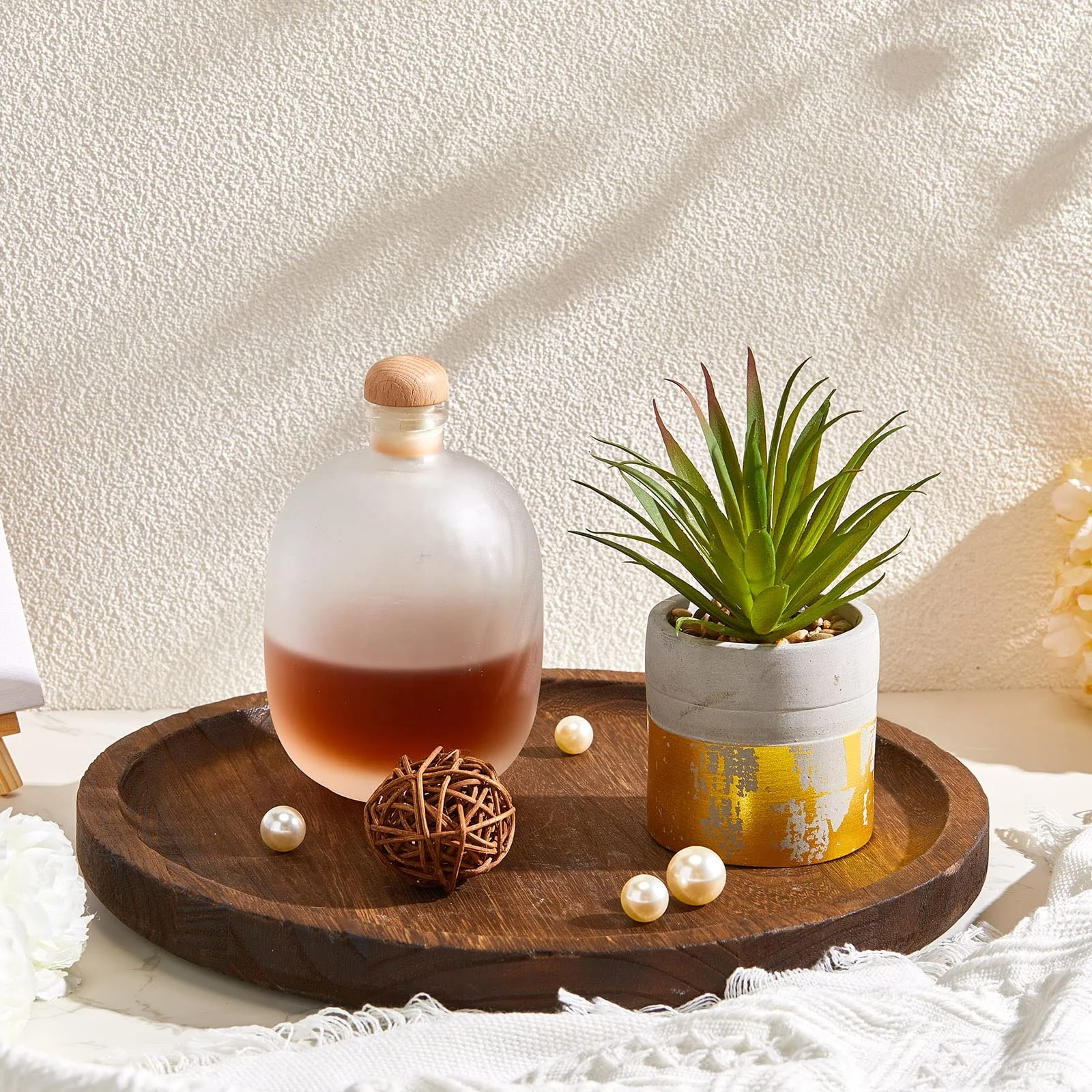 Christmas coffee table candles 2 Pack Round Wooden Tray Rustic Candle Holder Tray Brown Wood Serving Tray