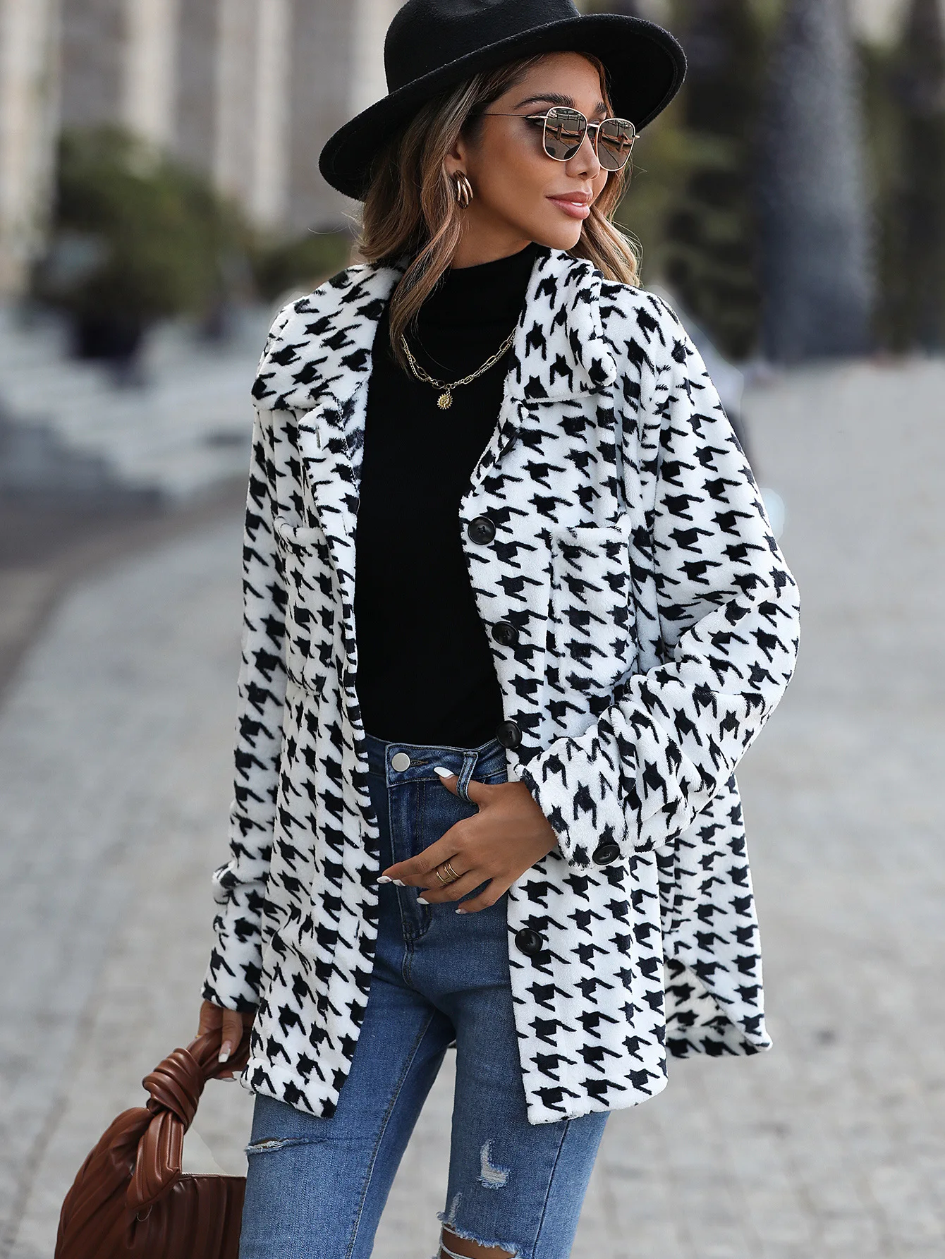 Women Casual Long Sleeve Houndstooth Printing Turndown Collar Coat Ladies Print Lapel Autumn Winter Blazer