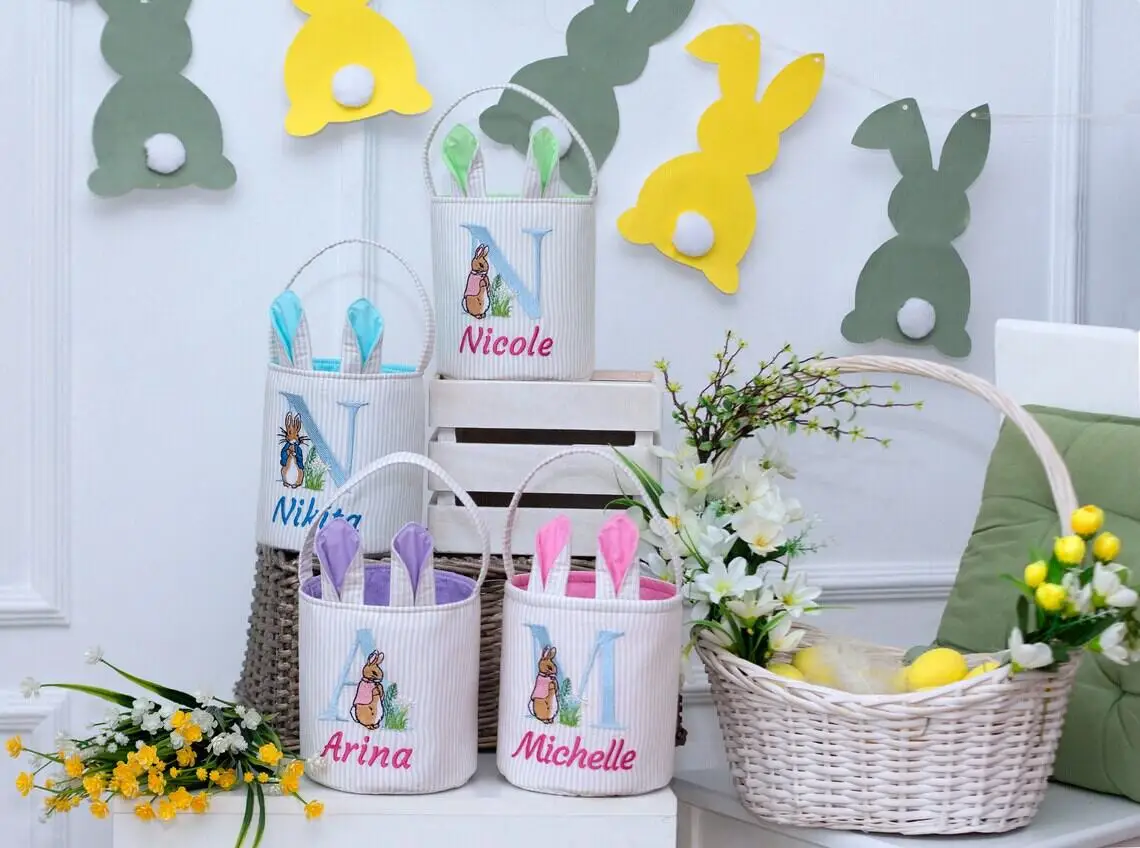 New Arrival Embroidery Easter Egg Hunt Basket Monogram Kids Easter Basket Solid Canvas Strap Easter Bunny Buckets