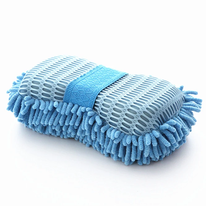 High Quality Big Size Blue  Microfiber Chenille Mesh Sponge Car Detailing Wash House Cleaning Scrubbing Pad  With Elastic Band