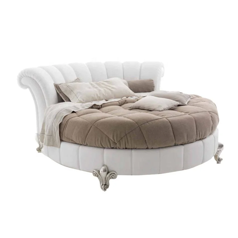 Smart leather round bed big size white bed  leather bed furniture bedroom