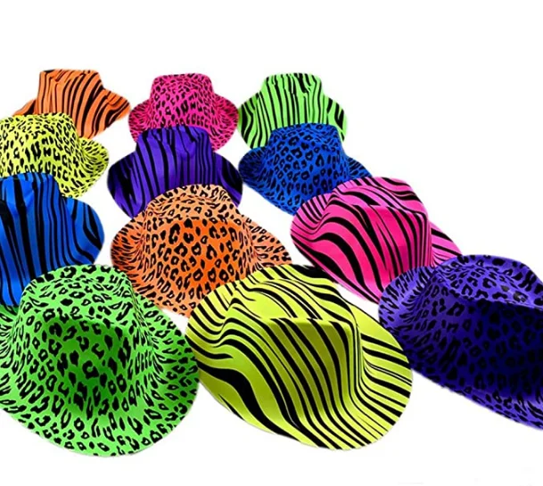 Fashion Plastic Neon Gangster Bowler Hats Animal Print Hats Party Fancy Dress Bright Cowboy Hat