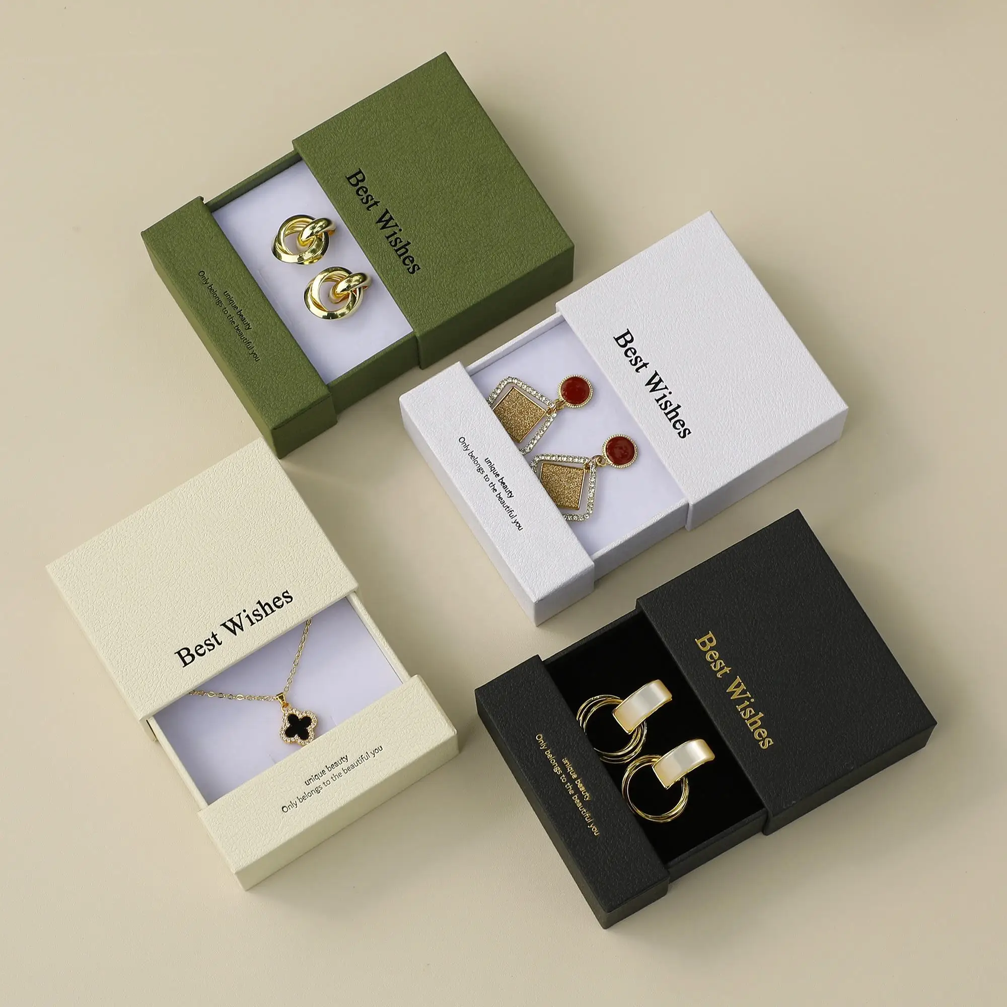 Wholesale 9*9cm custom logo jewelry packaging boxes necklace ring earrings white luxury drawer box paper slide jewelry box