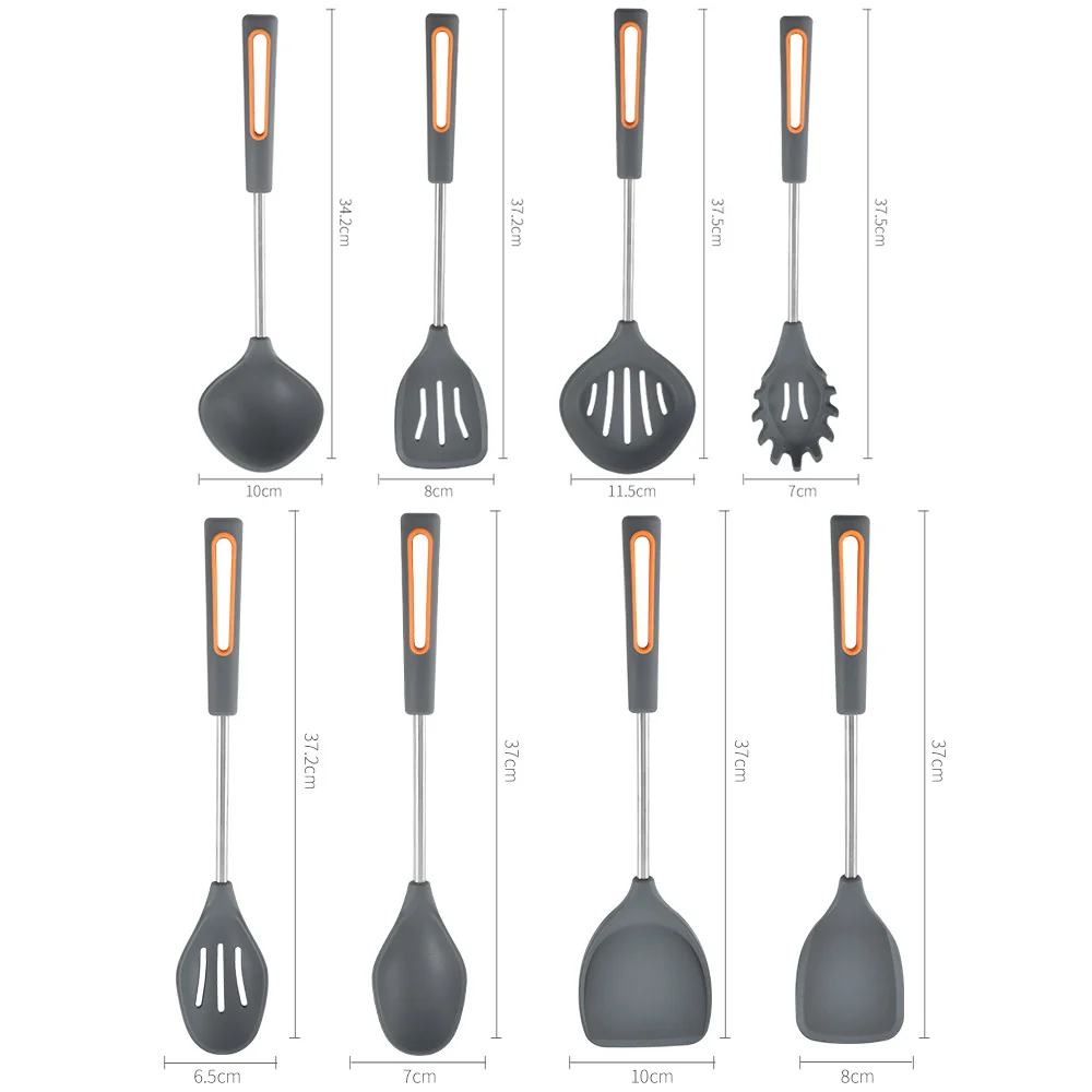 eco friendly Custom kitchen items list Selling Food grade silicone non-stick cooking utensil set and tools with solid handle
