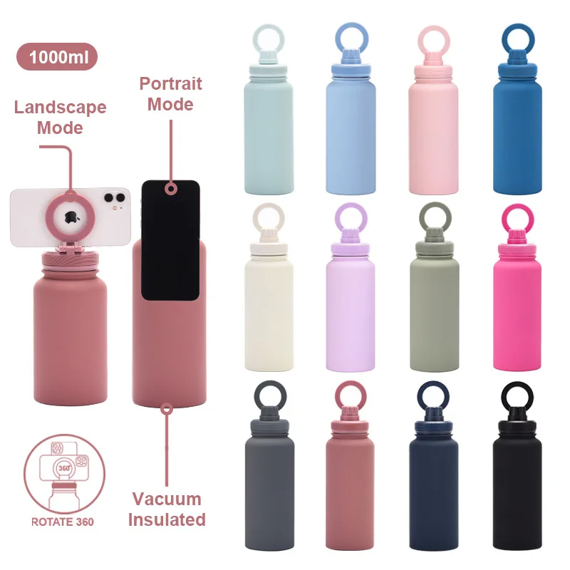 Custom logo 650ml 1000ml double walled stainless steel vacuum flask insulated Gym Magnetic lid Water Bottle phone holder