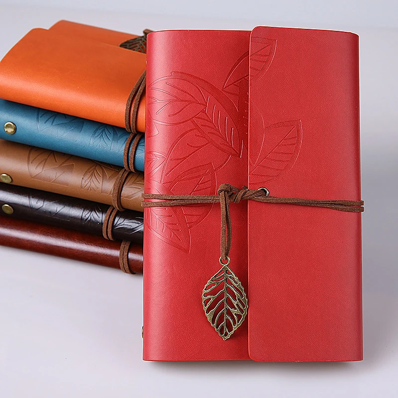 Custom Logo Vintage Journal Traveler PU Leather Kraft Paper Notepad Note Book Diary Notebook With Leaves