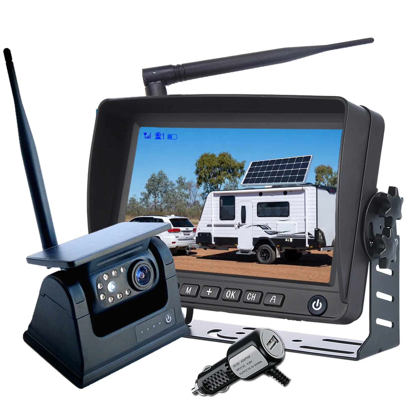 iPoster Truck forklift 7in Digital Wireless quad view AHD DVR Monitor 256G wireless rearview 1080P magnetic Solar battery Camera
