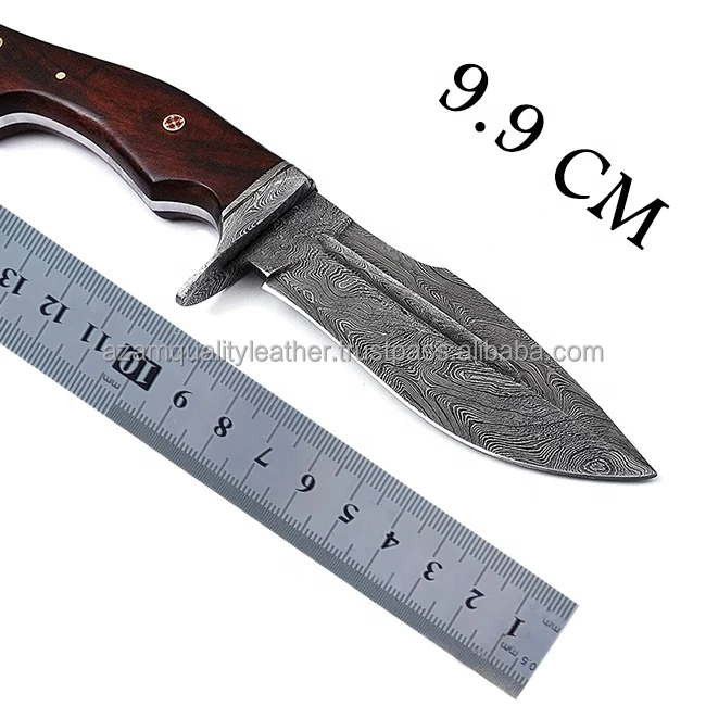 Strong Hand Crafted Camping Knife Damascus Steel Knife with Stag Horn Handle and Cow Hide Leather  cover