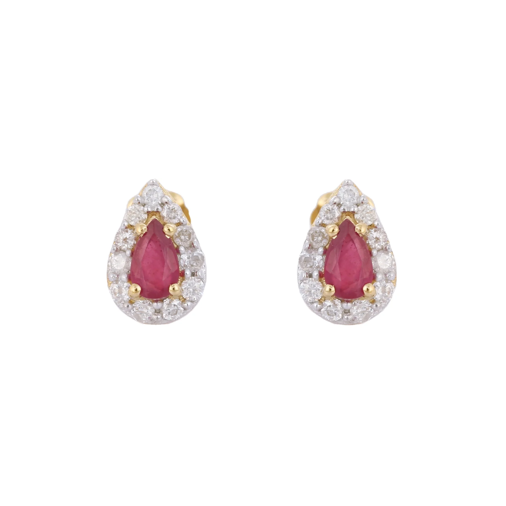 Fine Jewelry Natural Precious Gemstone Ruby With Diamond Earring Studs 14K Solid Yellow Gold Handmade Cluster Earring For Women