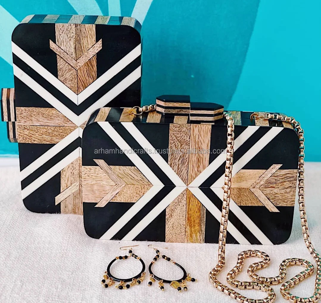 100% natural acacia Wooden Clutch Bag Handmade women and girls side purse with shoulder chain at low price by LUXURY CRAFTS