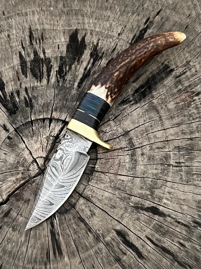 New Custom Handmade Damascus Steel Hunting Skinning Knife With Stag Horn Handle and Leather Sheath